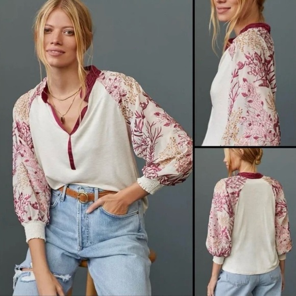 Anthro TINY Floral Ocean Coral Embroidered Balloon Puff Sleeve Blouse Top Size L - Picture 1 of 16